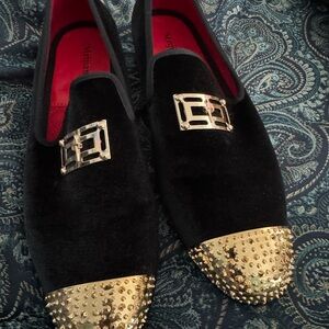 Majestic Black Velvet Loafers with Gold Accents